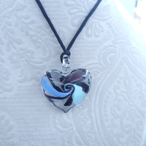 Handmade Purple Black Blue Heart Glass Pendant Black Adjustable Cord - Picture 3 of 5